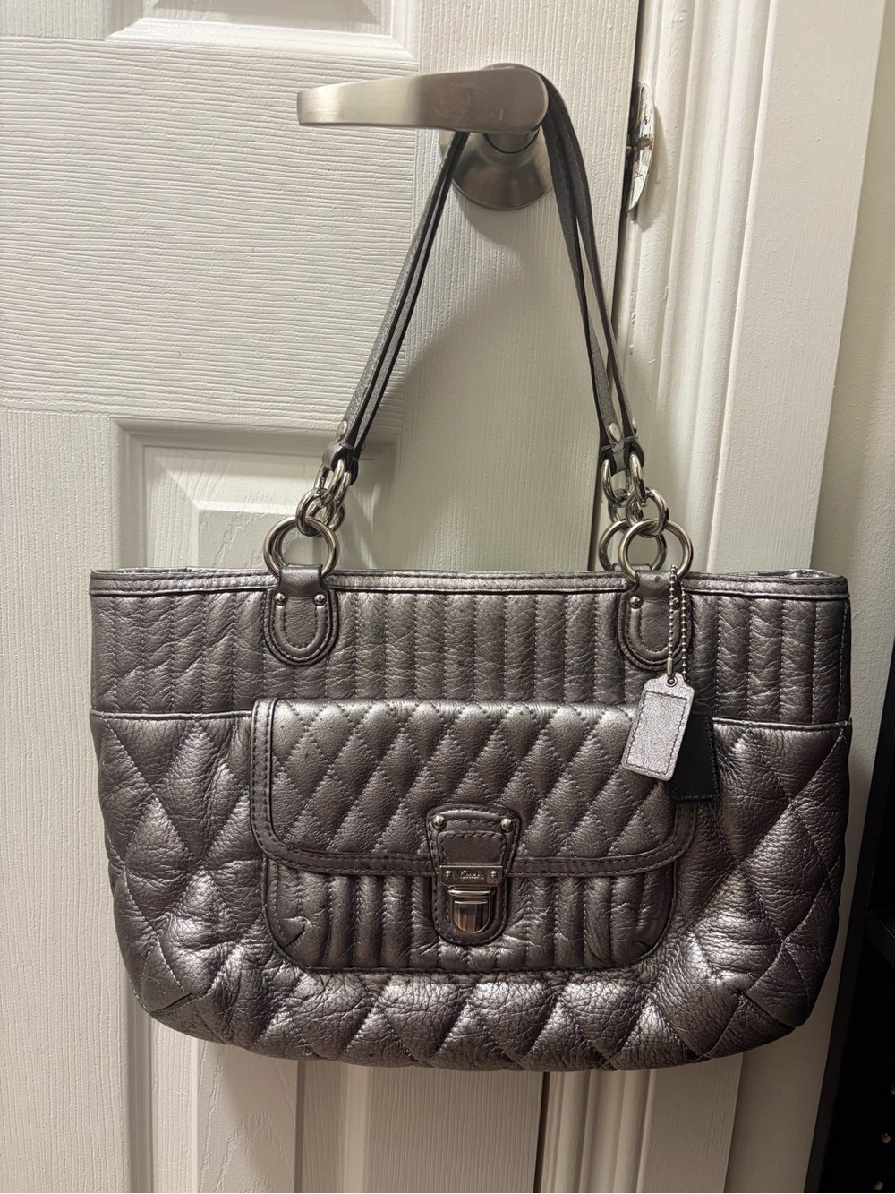 Coach Madison Quilted Leather Shopper Tote Bag Metallic Silver 19857